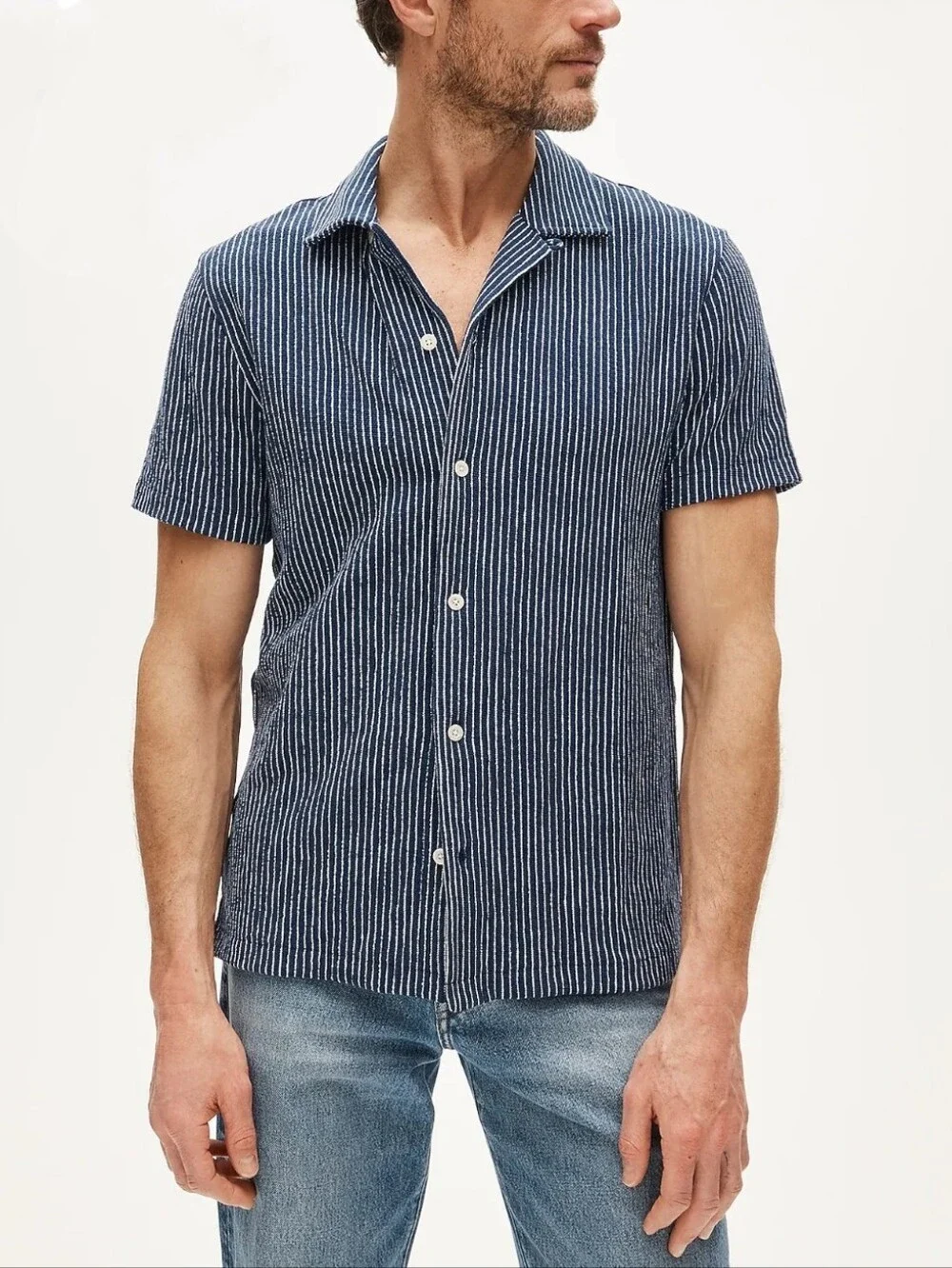 J. Crew Knit Blue Ivory Feeder Stripe Short Sleeve Button-Down Shirt